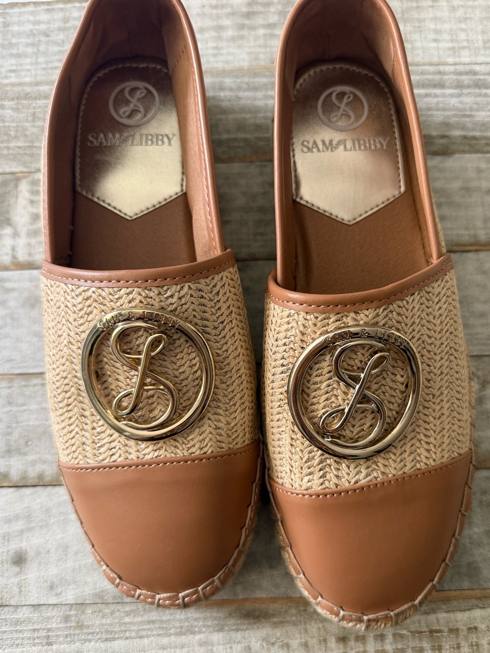 Sam & Libby Tan Raffia and Leather Slip-On Flats with Gold Medallion